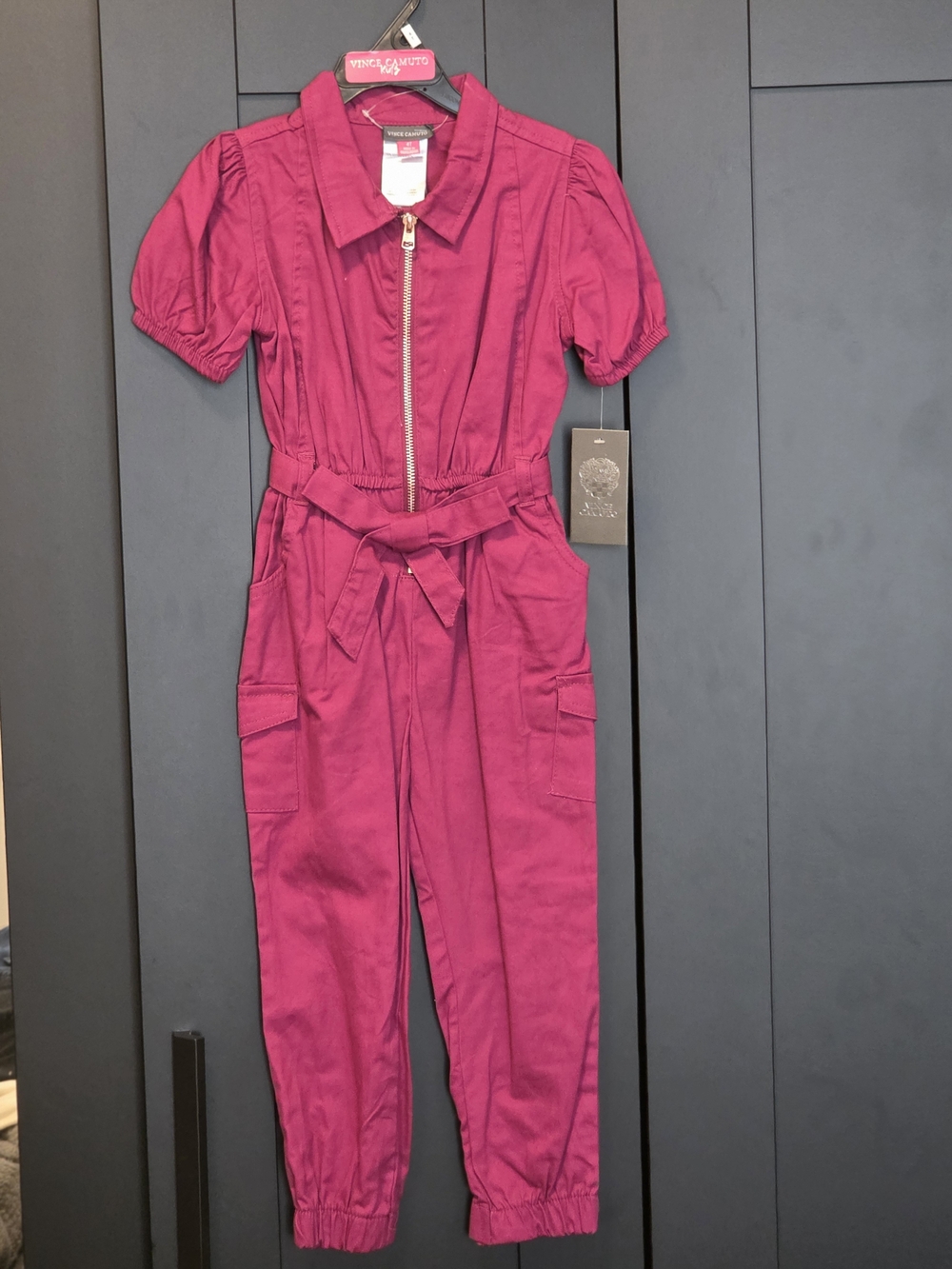 Vince Camuto Short-Sleeve Zip-Front Utility Jumpsuit in Fuchsia